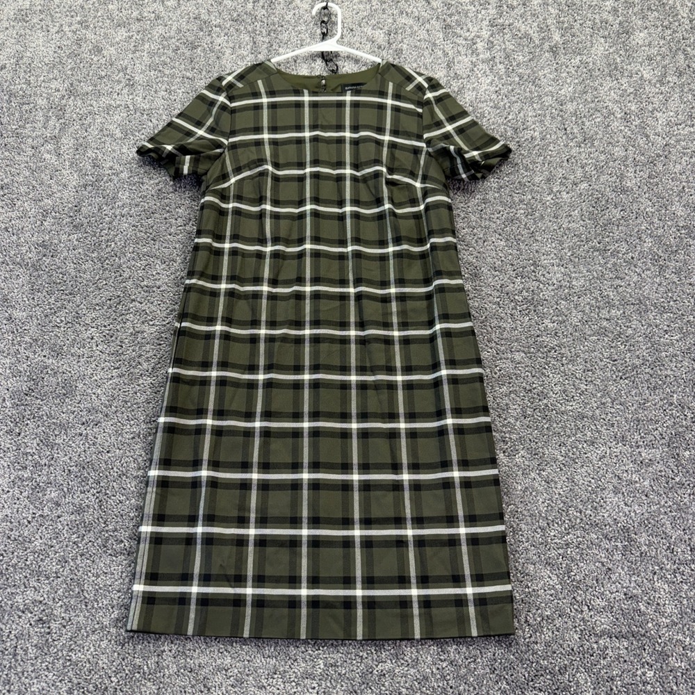 Banana Republic Shift Dress Womens Small Tall Olive Green Plaid Short Sleeve